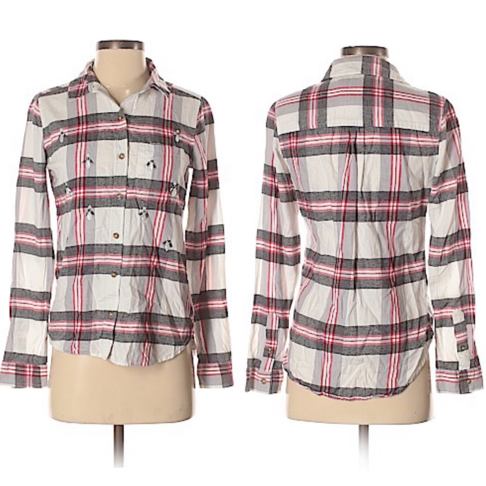SO Embellished Plaid Flannel Button Down Shirt. Black, White, Red, Size Small